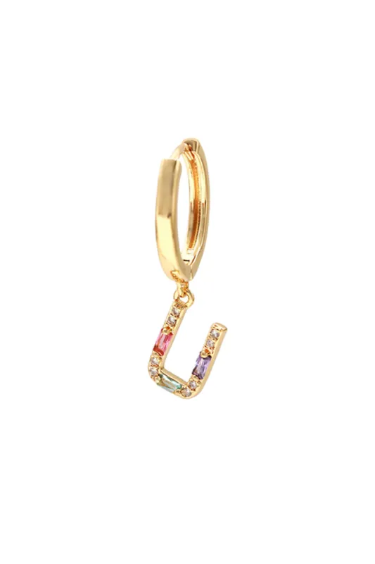 Classicharms-Single Pavé Initial Charm Drop Huggie Hoop Earring-Letter U sold by Reitmans
