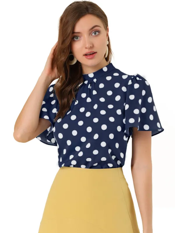 Allegra K - Polka Dots Pleat Stand Collar Short Sleeve Top sold by Reitmans