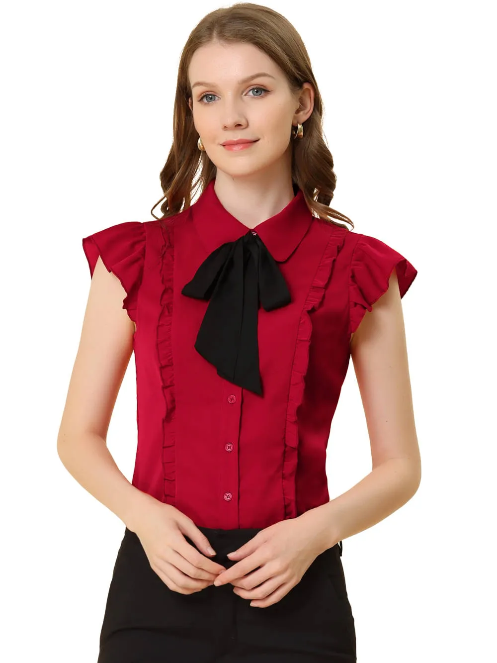 Allegra K- Ruffled Bow Tie Chiffon Shirt sold by Reitmans