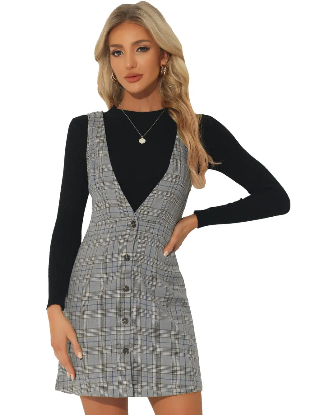 Allegra K- Overalls V-Neck Plaid Houndstooth Pinafore Dress sold by Reitmans