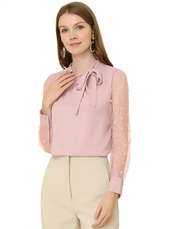 Allegra K- Mesh Sheer Elegant Tie Neck Dots Blouse sold by Reitmans