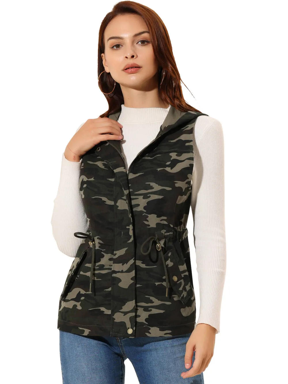 Allegra K- Camo Drawstring Waist Hooded Jacket Cargo Vest sold by Reitmans