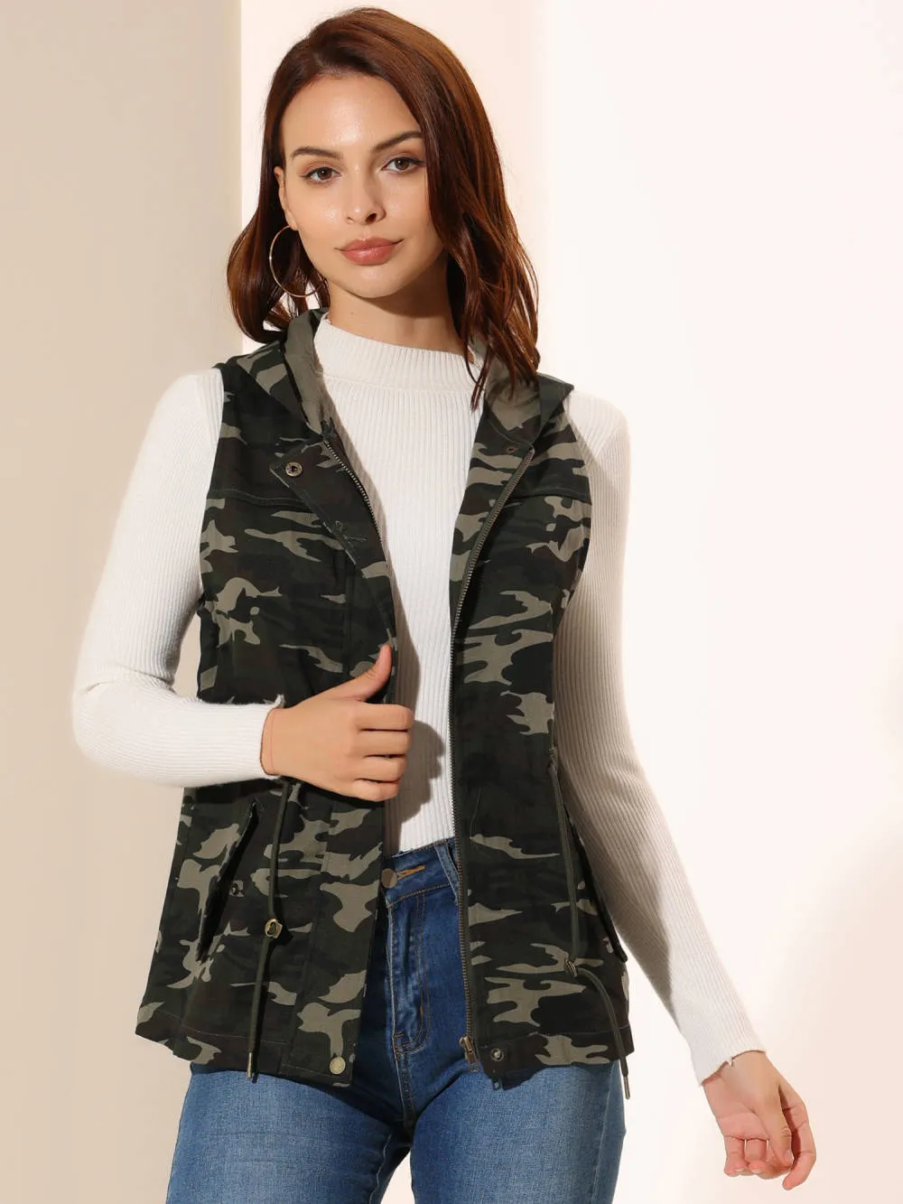 Allegra K- Camo Drawstring Waist Hooded Jacket Cargo Vest sold by Reitmans product image thumbnail 2