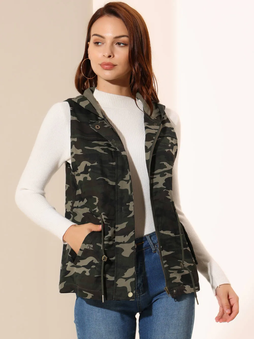 Allegra K- Camo Drawstring Waist Hooded Jacket Cargo Vest sold by Reitmans product image thumbnail 3