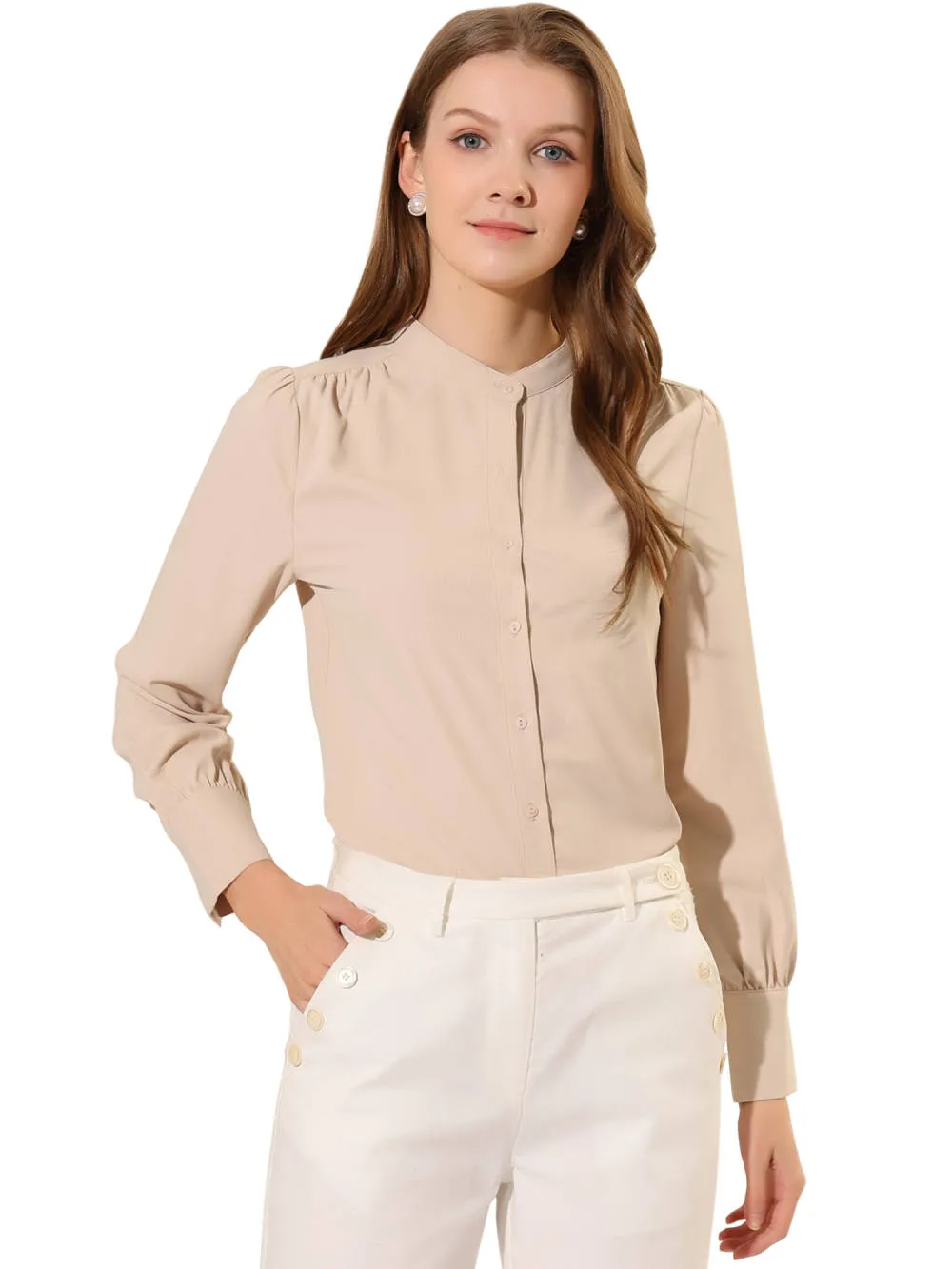 Allegra K- Stand Collar Long Sleeve Shirt sold by Reitmans