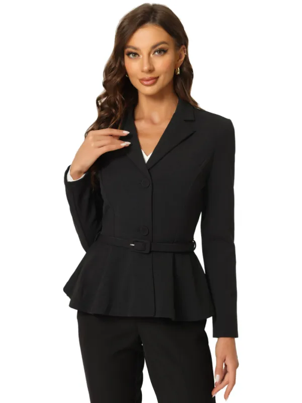 Allegra K- Vintage Blazer Ruffle Hem Belted Notched Lapel sold by Reitmans