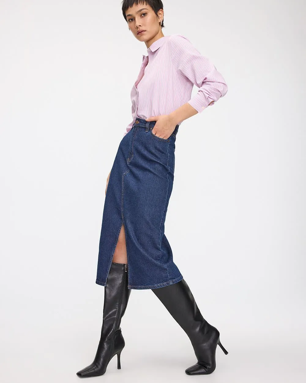 Denim Pencil Midi Skirt sold by Reitmans