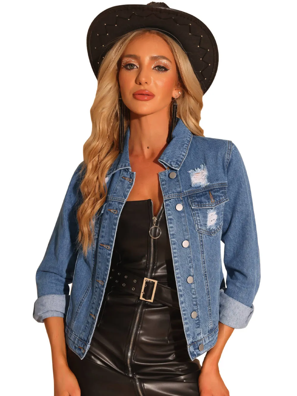 Allegra K- Turndown Collar Ripped Short Denim Jacket sold by Reitmans