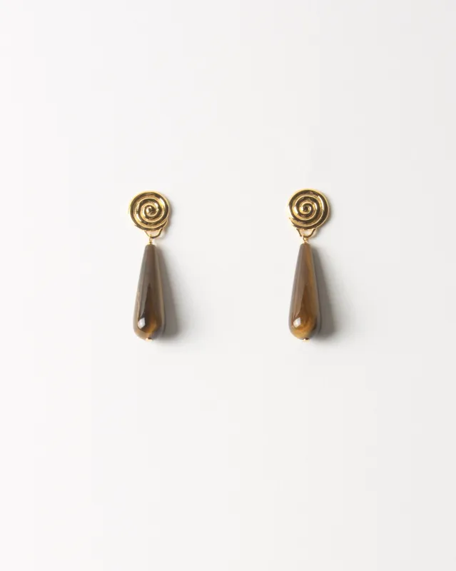 Swirl Tear Droplet Earrings Gold Plated with Tiger's Eye sold by Rejina Pyo
