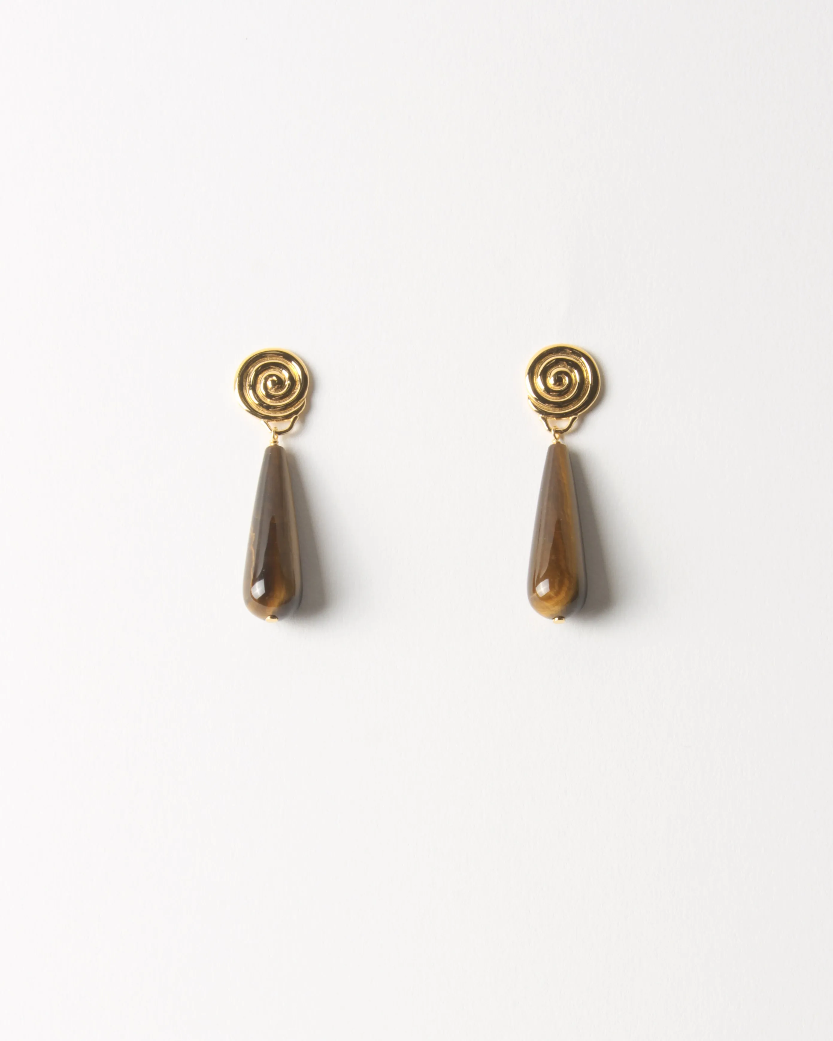 Swirl Tear Droplet Earrings Gold Plated with Tiger's Eye sold by Rejina Pyo