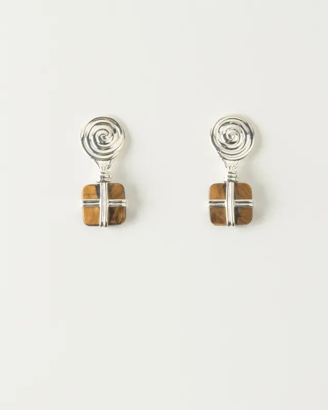 Squiggle Earrings Silver Plated with Tiger's Eye sold by Rejina Pyo