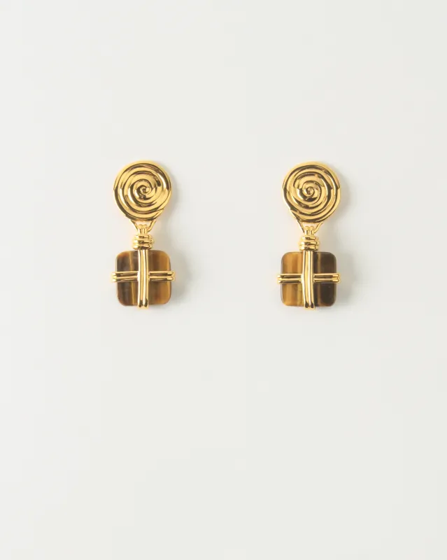 Squiggle Earrings Gold Plated with Tiger's Eye sold by Rejina Pyo