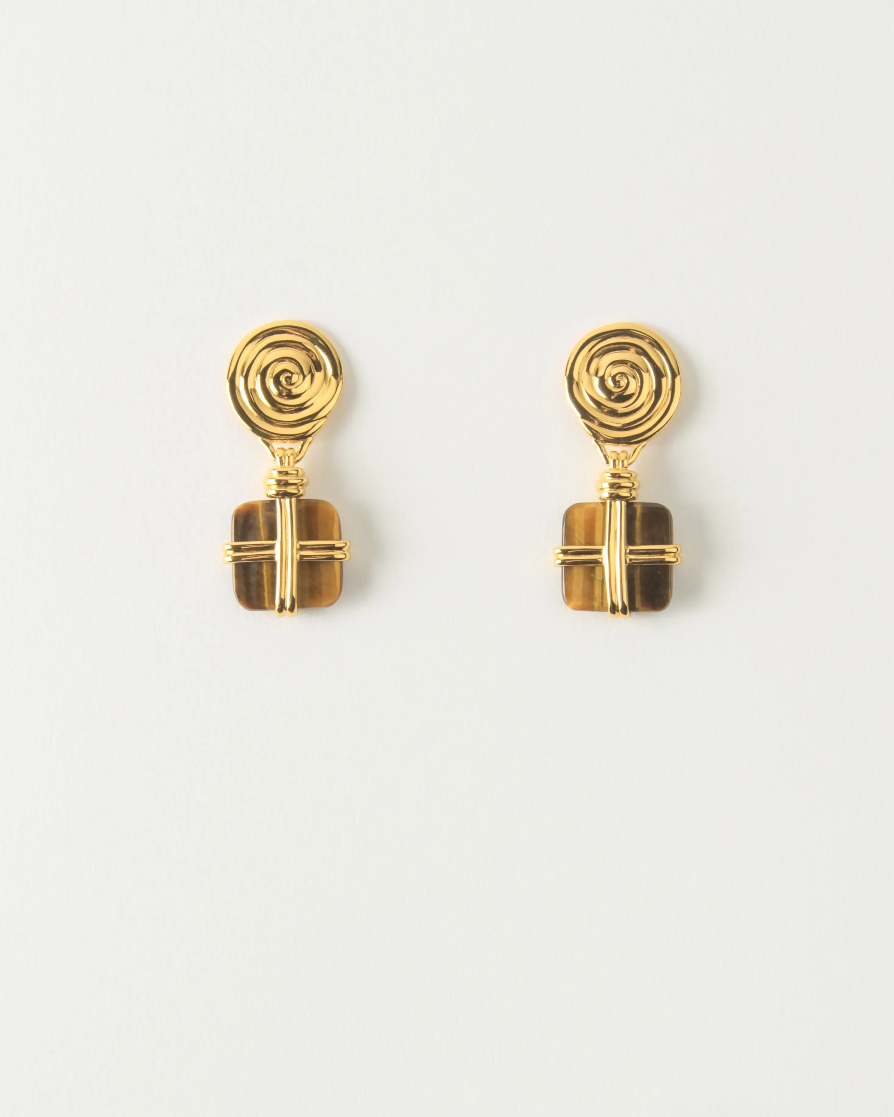 Squiggle Earrings Gold Plated with Tiger's Eye sold by Rejina Pyo
