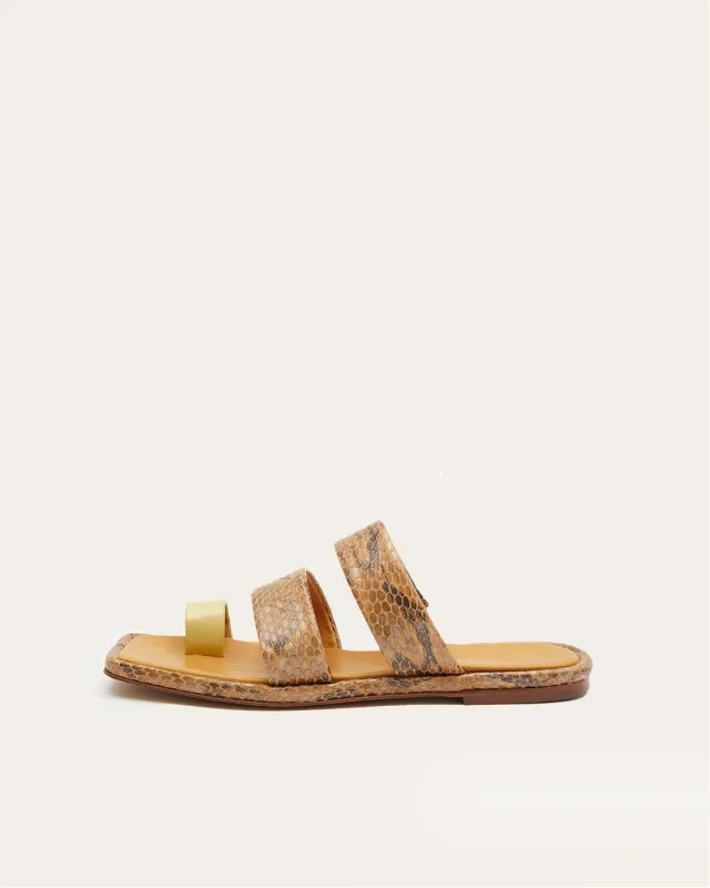 Larissa Flat Sandal 10mm Leather Print Snake Brown made by Rejina Pyo