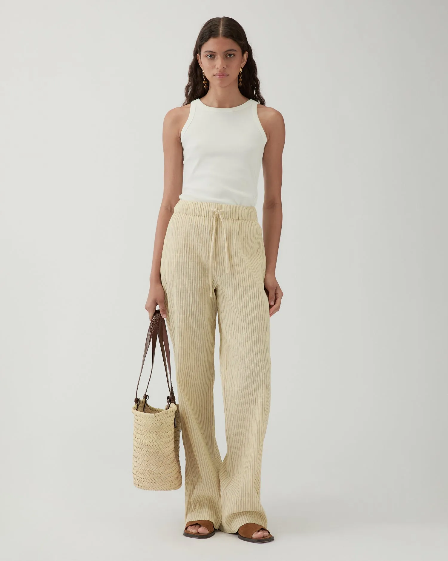 Andi Trousers Cotton Seersucker Stripe Yellow sold by Rejina Pyo