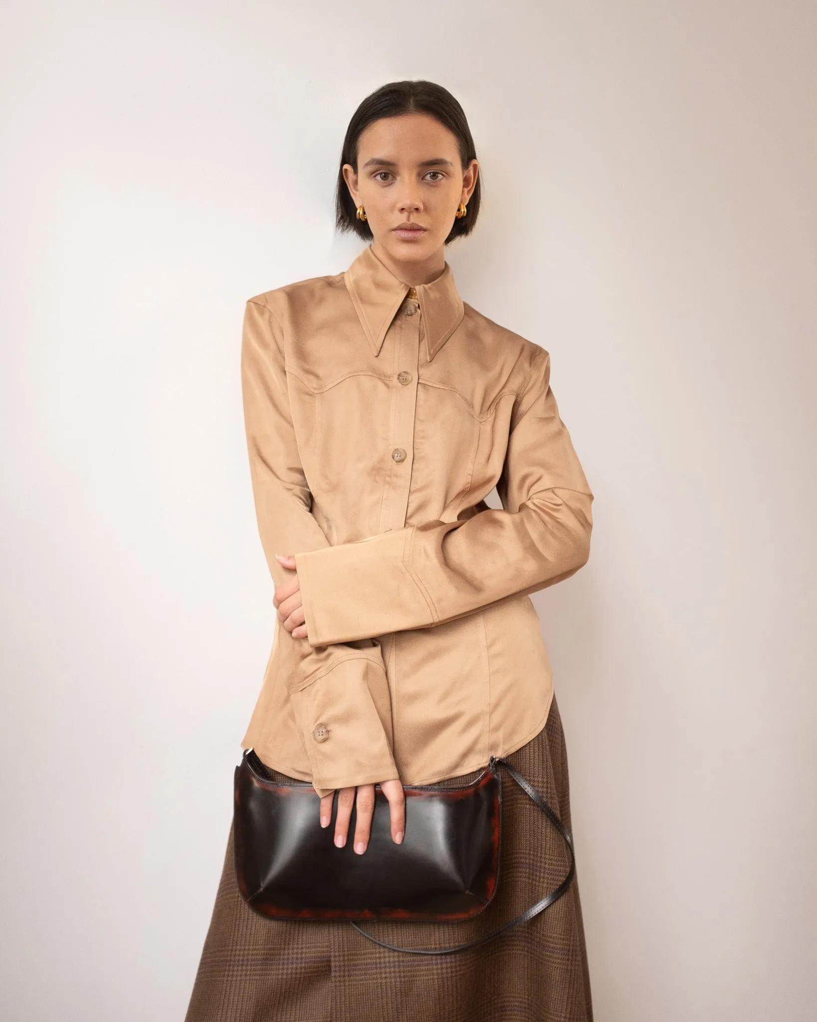 Camilla Shirt Satin Twill Tan sold by Rejina Pyo