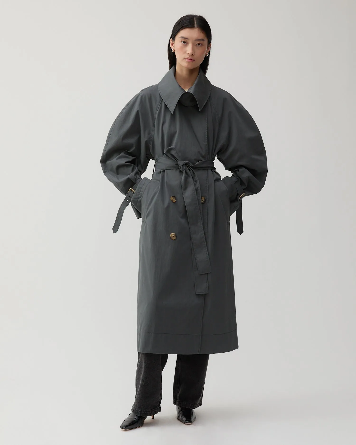 Romy Trenchcoat Cotton Blend Twill Charcoal sold by Rejina Pyo