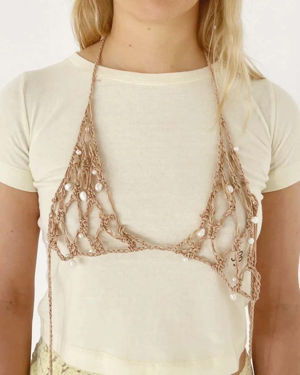 Crochet Bra Organic Cotton Tan with Faux Pearls sold by Rejina Pyo