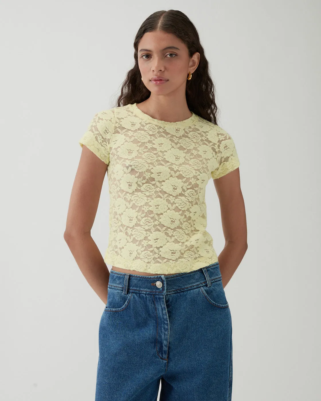 Adina T-Shirt Cotton Blend Floral Lace Yellow sold by Rejina Pyo