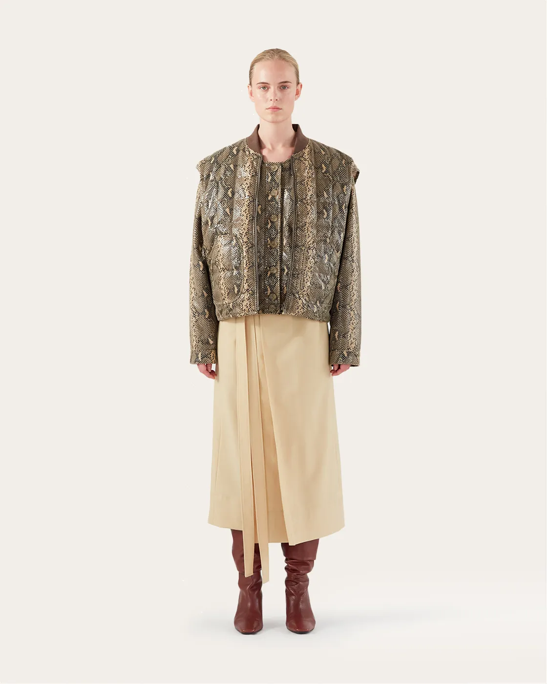 Wells Bomber Jacket Faux Leather Snake Effect Beige sold by Rejina Pyo