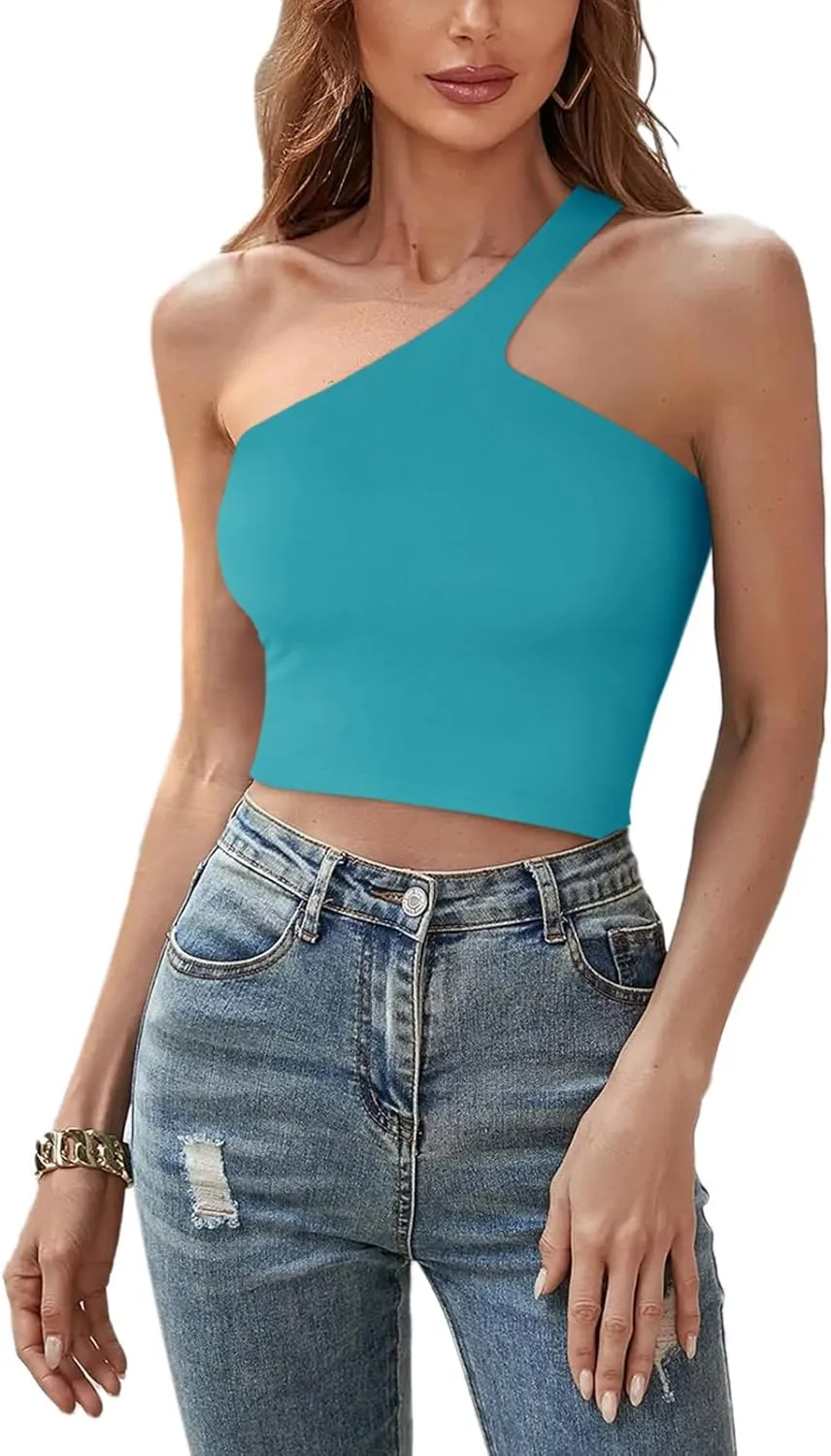 REORIA Women’s Sexy One Shoulder Double Lined Seamless Backless Sleeveless Going Out Trendy Crop Tank Tops sold by ReoRia product image thumbnail 3