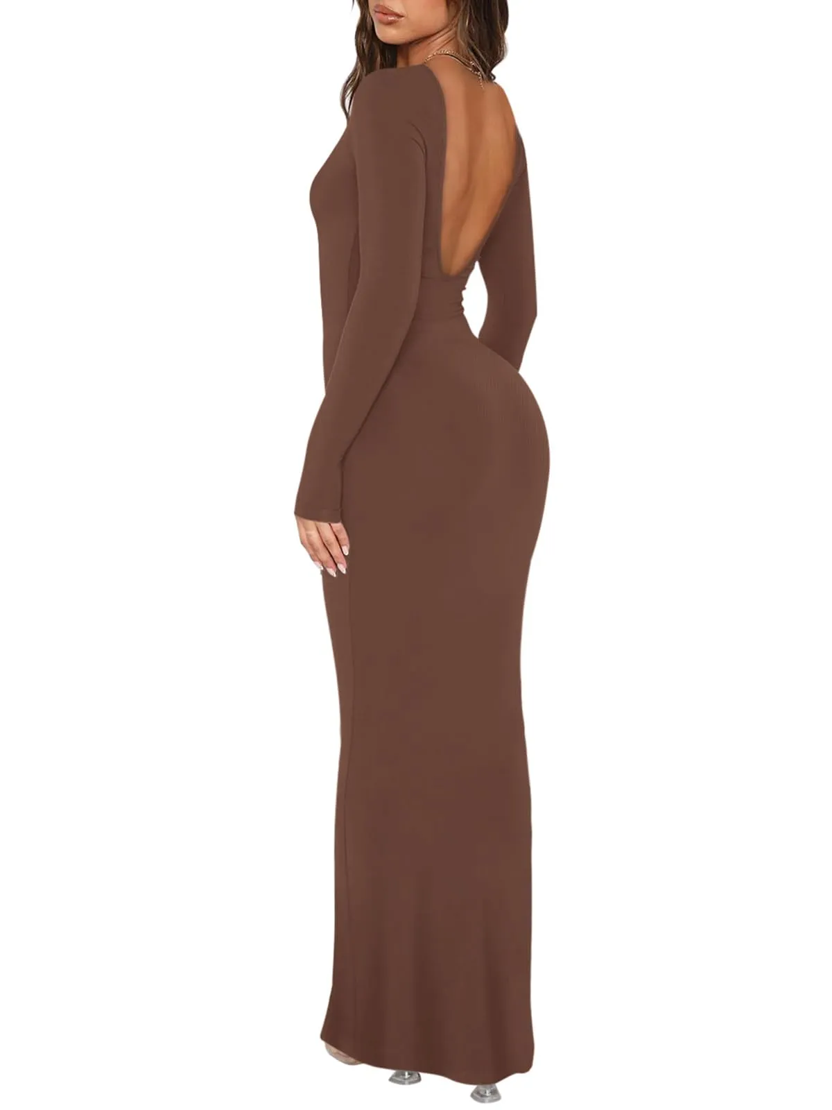V Backless Soft Lounge Long Dress Fall Casual Boat Neck Maxi Dresses sold by ReoRia