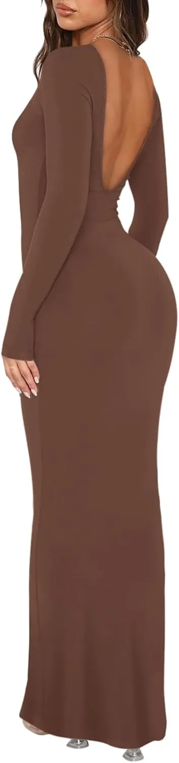 V Backless Soft Lounge Long Dress Fall Casual Boat Neck Maxi Dresses sold by ReoRia product image thumbnail 2