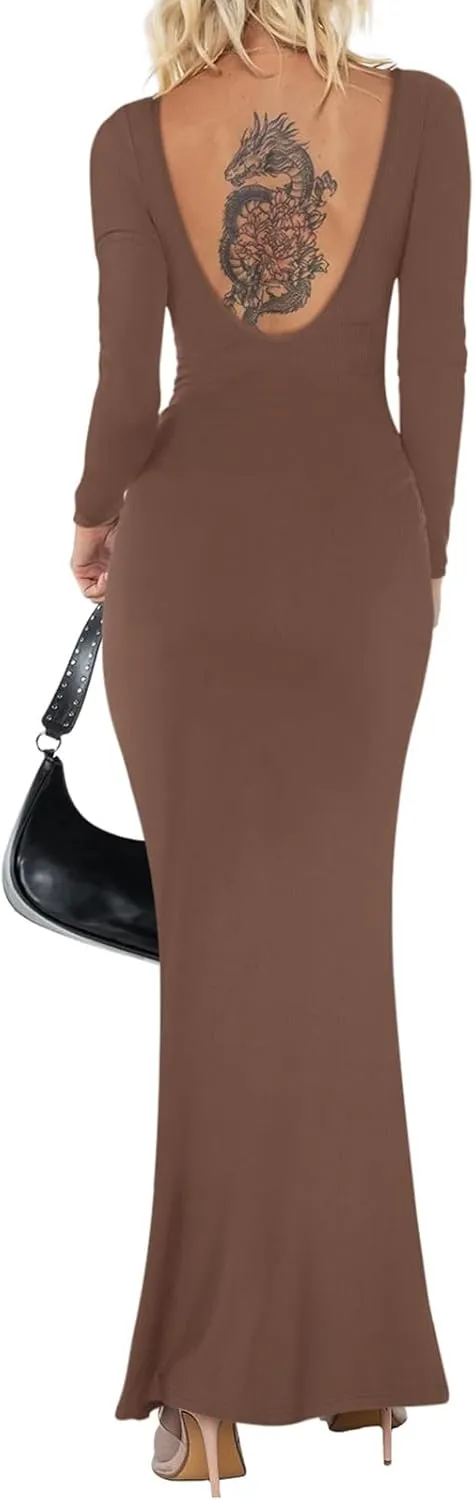 V Backless Soft Lounge Long Dress Fall Casual Boat Neck Maxi Dresses sold by ReoRia product image thumbnail 3