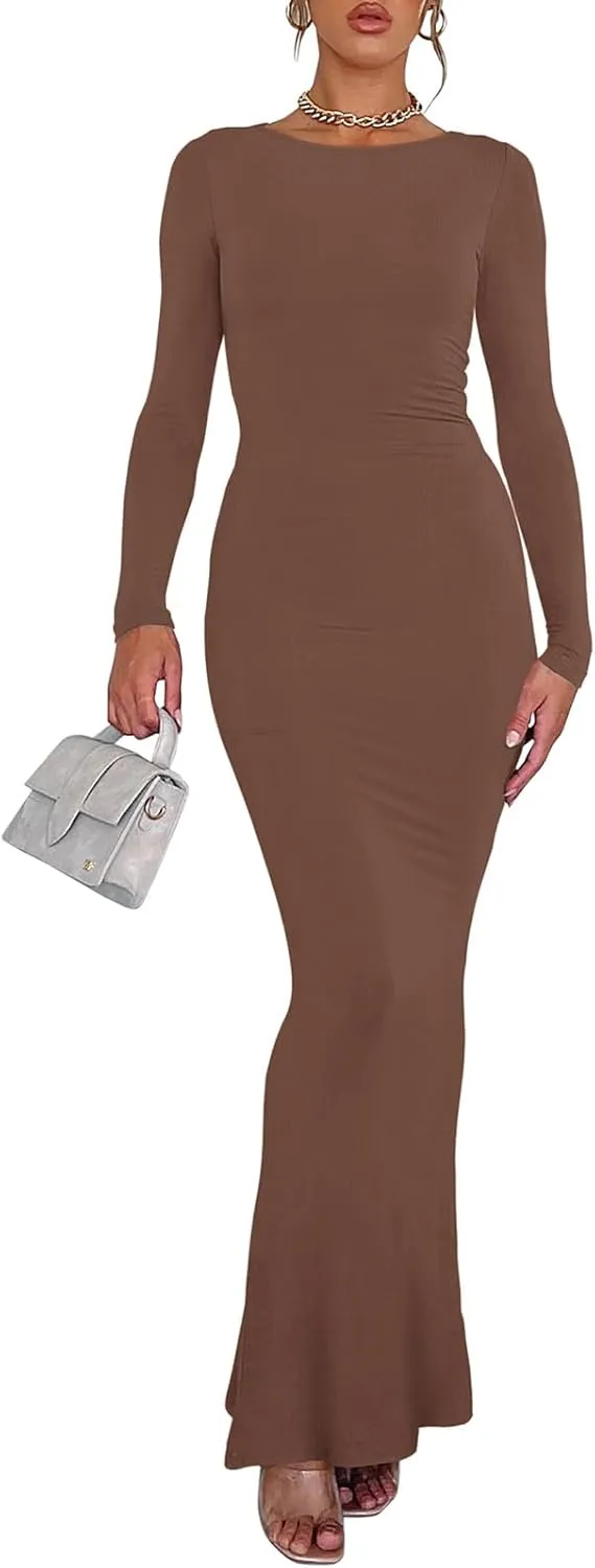 V Backless Soft Lounge Long Dress Fall Casual Boat Neck Maxi Dresses sold by ReoRia product image thumbnail 5