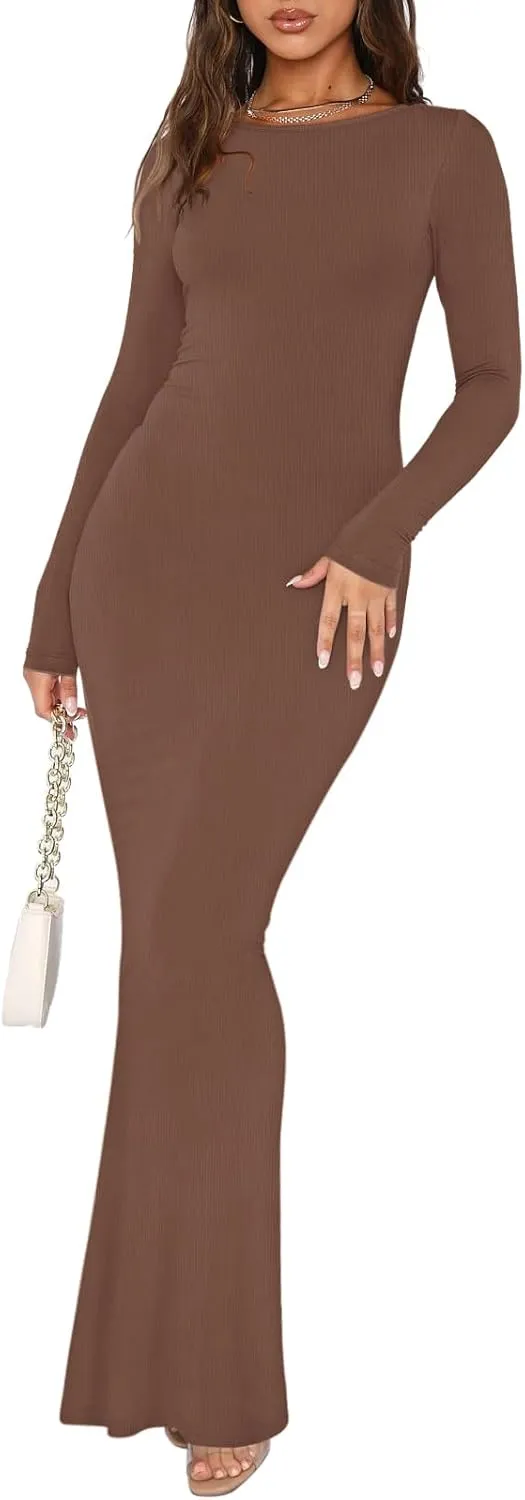 V Backless Soft Lounge Long Dress Fall Casual Boat Neck Maxi Dresses sold by ReoRia product image thumbnail 4