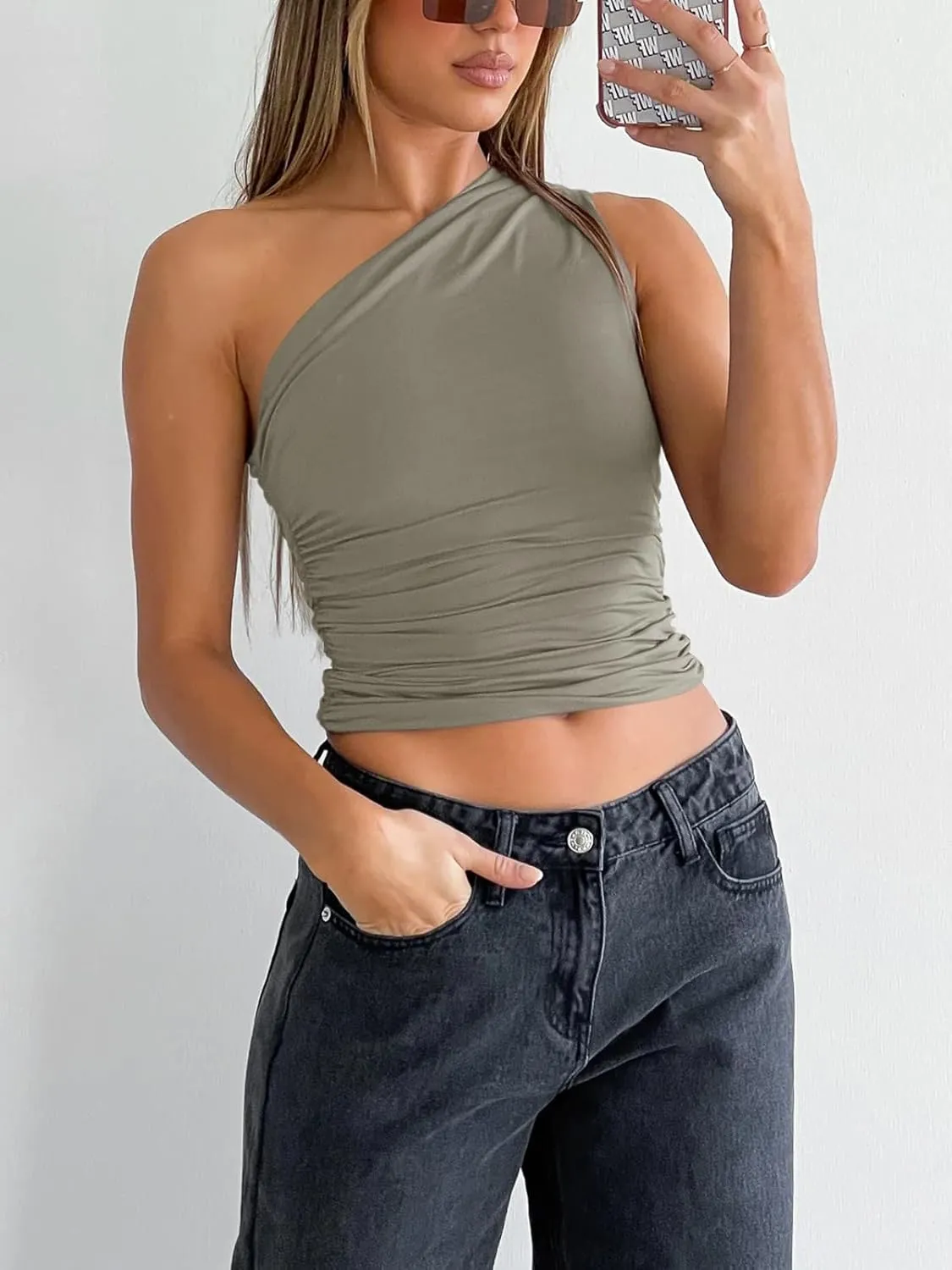 REORIA Women's Summer Sexy One Shoulder Sleeveless Tank Top Trendy Y2k Going Out Crop Tops sold by ReoRia product image thumbnail 5