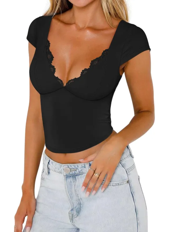 REORIA Womens Butsmooth® Summer Deep V Neck Backless Lace Short Sleeve Slim Fit T-Shirts Trendy Y2k Corset Crop Tops sold by ReoRia