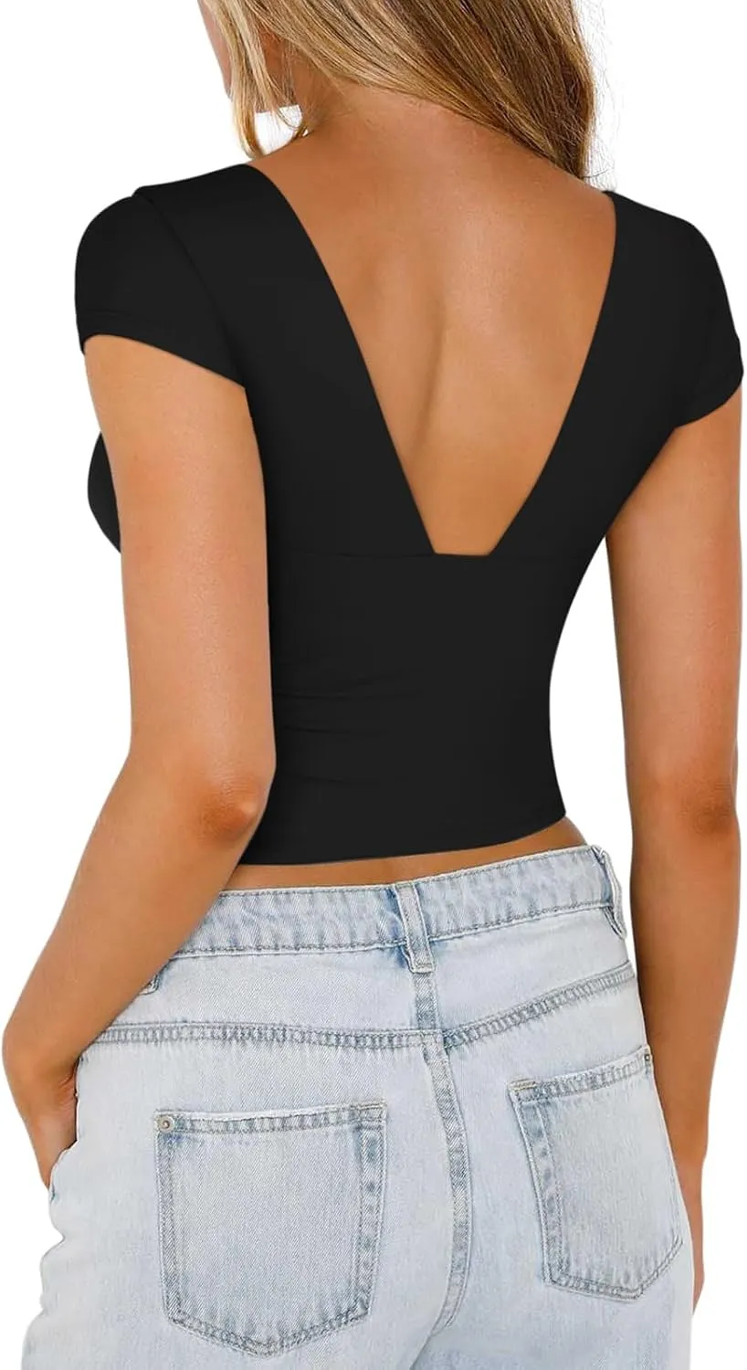 REORIA Womens Butsmooth® Summer Deep V Neck Backless Lace Short Sleeve Slim Fit T-Shirts Trendy Y2k Corset Crop Tops sold by ReoRia product image thumbnail 4