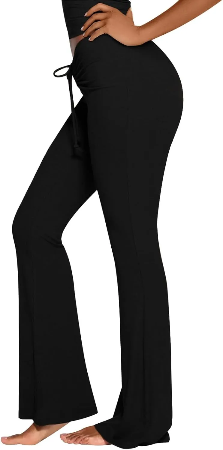 REORIA Womens Flare Lounge Pants Ruched Adjustable Drawstring Waist Comfy Ribbed Flowy Bell Bottoms Leggings sold by ReoRia product image thumbnail 2