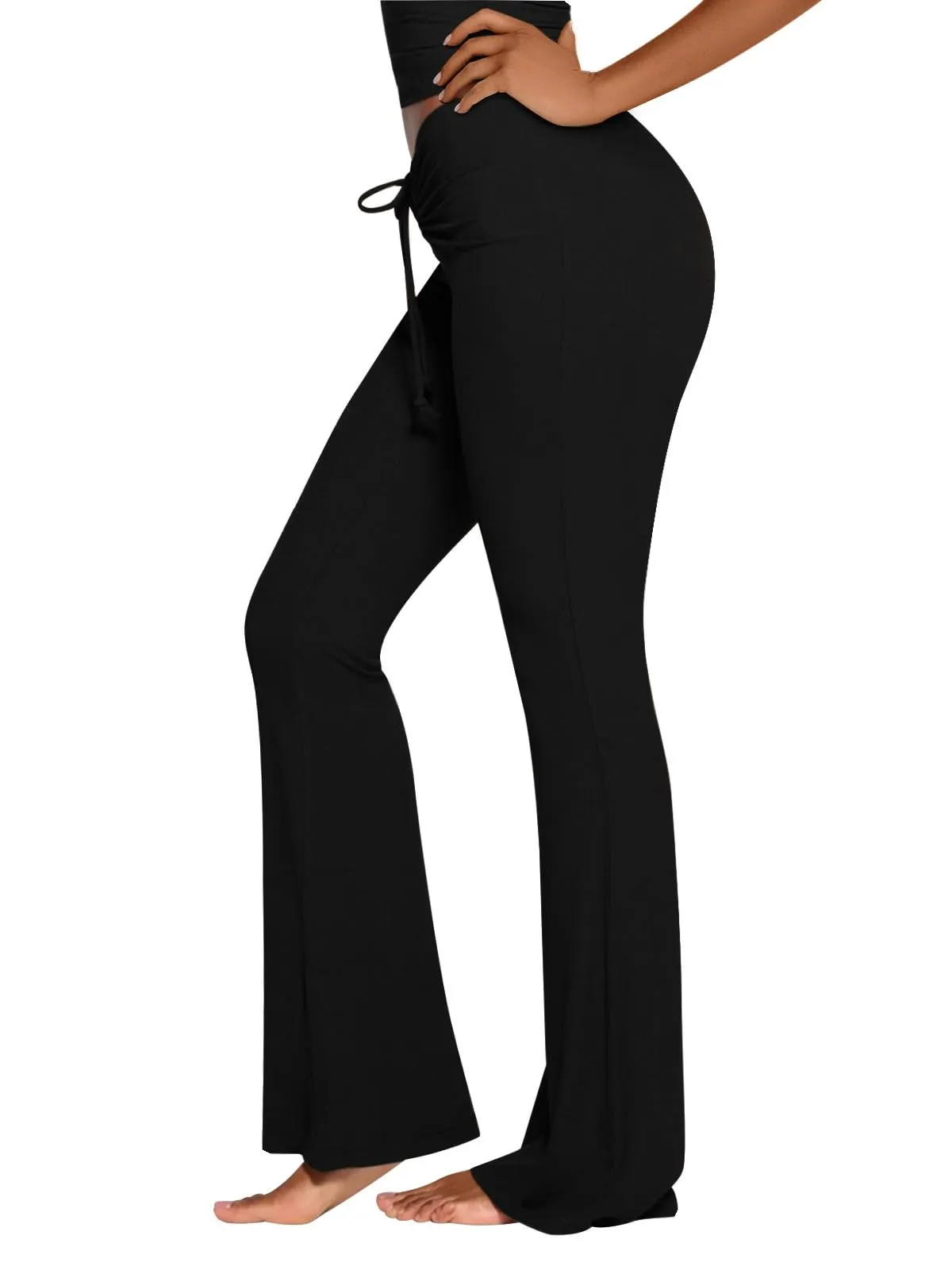 REORIA Womens Flare Lounge Pants Ruched Adjustable Drawstring Waist Comfy Ribbed Flowy Bell Bottoms Leggings sold by ReoRia