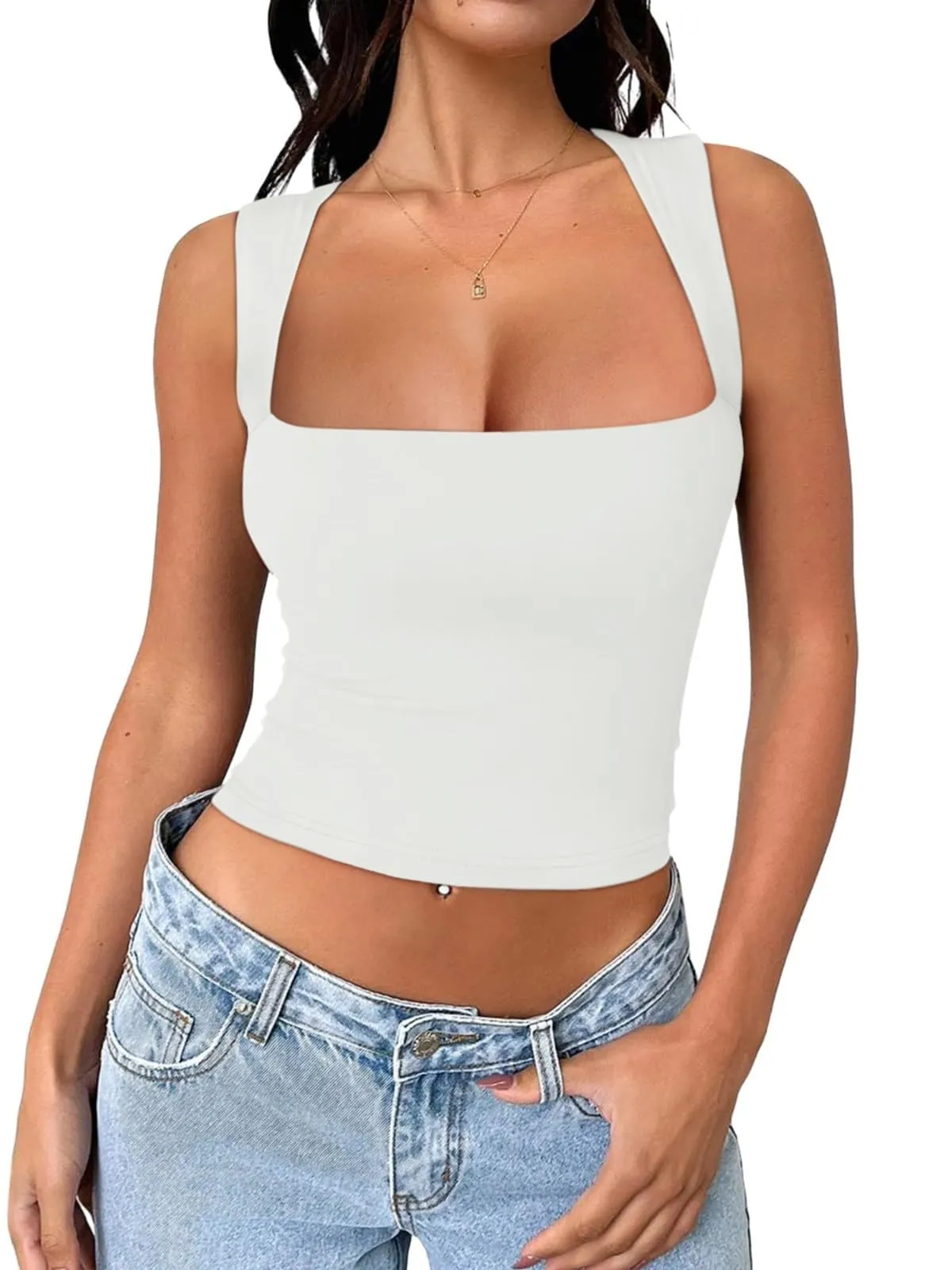 Square Neck Crop Tops Basic Tank Tops sold by ReoRia