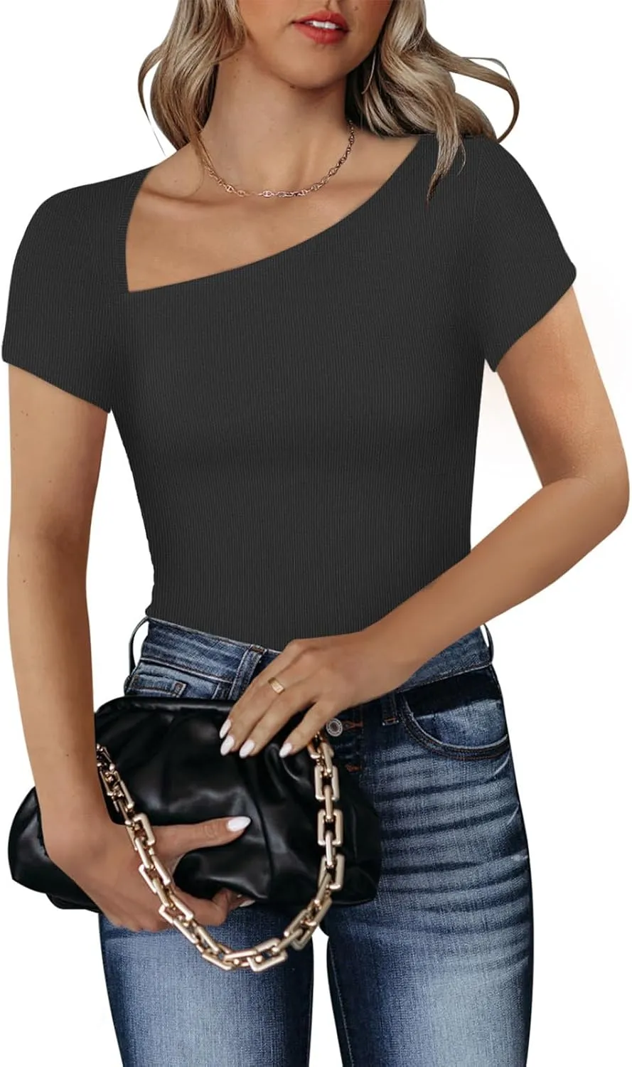REORIA Women's Sexy Asymmetrical Neck Short Sleeve Ribbed Slimming Thong Bodysuit Tops sold by ReoRia product image thumbnail 3