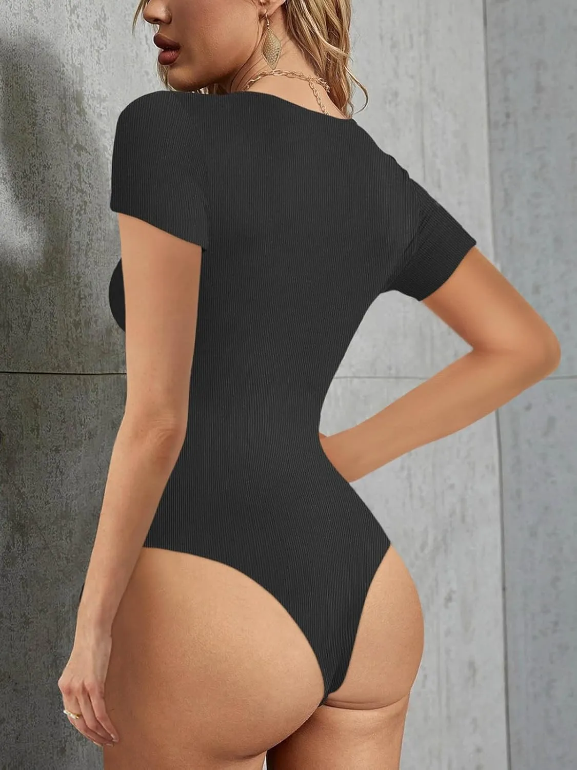 REORIA Women's Sexy Asymmetrical Neck Short Sleeve Ribbed Slimming Thong Bodysuit Tops sold by ReoRia product image thumbnail 4