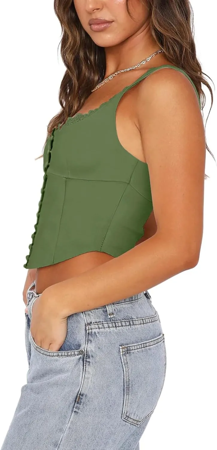 REORIA Women's Summer Vintage Square Neck Lace Trim Tank Crop Tops sold by ReoRia product image thumbnail 3