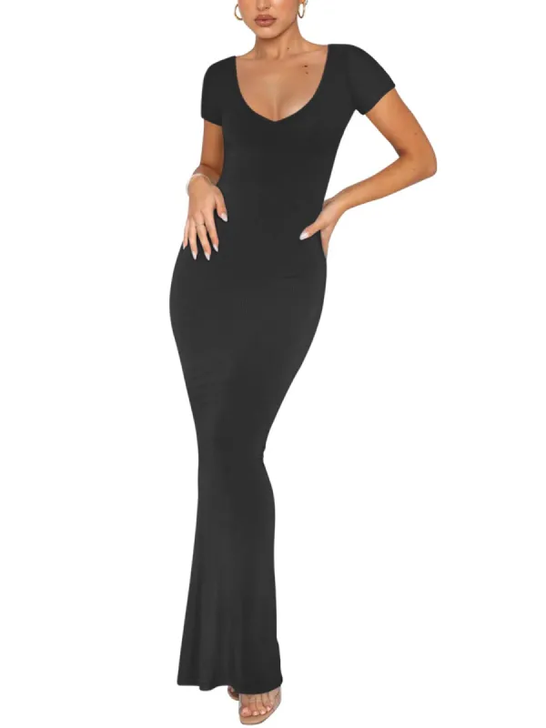 V Neck Maxi Dress Casual Short Sleeve Ribbed Lounge Bodycon Long Dresses sold by ReoRia