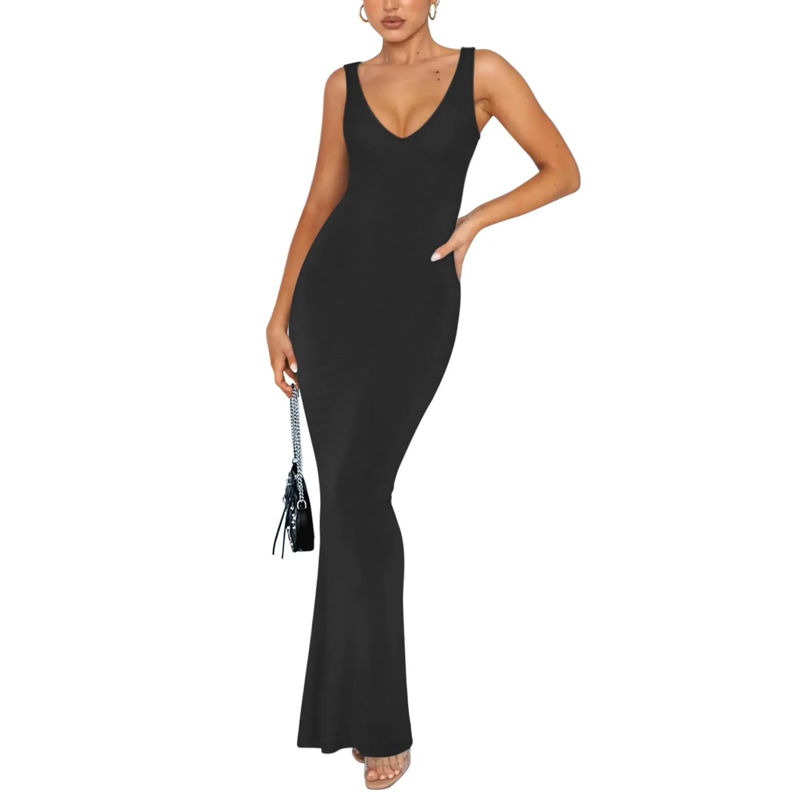 Long Dresses Deep V Neck Sleeveless V Backless Maxi Dress sold by ReoRia