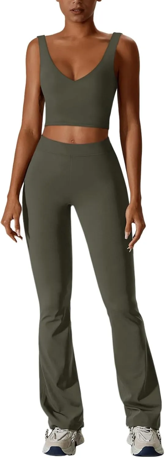 REORIA Womens 2 Piece Workout Sets Athleisure Brethable V Neck Tank Tops Stretchy Flare Pants Matching Sets sold by ReoRia product image thumbnail 2