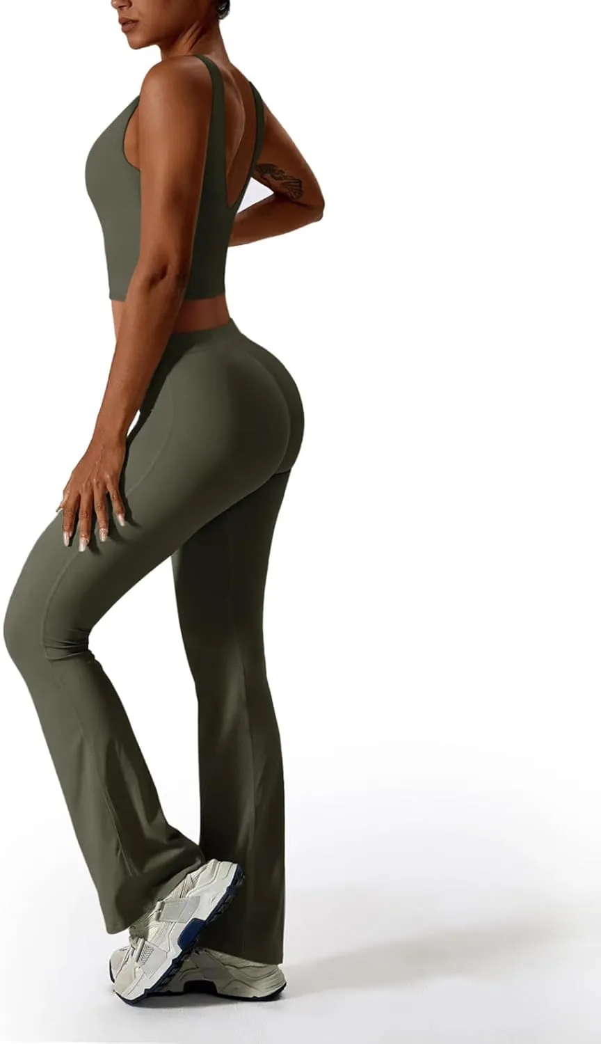REORIA Womens 2 Piece Workout Sets Athleisure Brethable V Neck Tank Tops Stretchy Flare Pants Matching Sets sold by ReoRia product image thumbnail 3