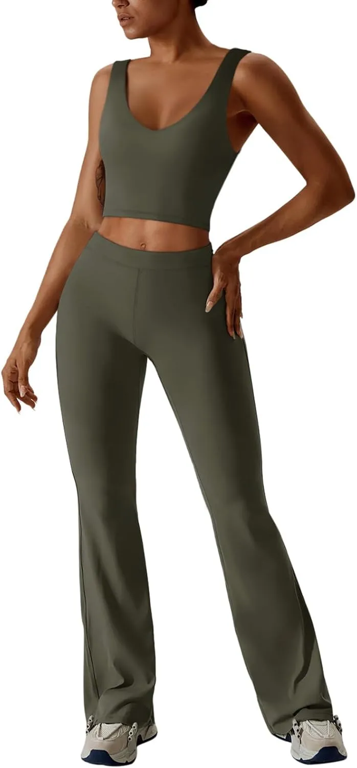 REORIA Womens 2 Piece Workout Sets Athleisure Brethable V Neck Tank Tops Stretchy Flare Pants Matching Sets sold by ReoRia product image thumbnail 5