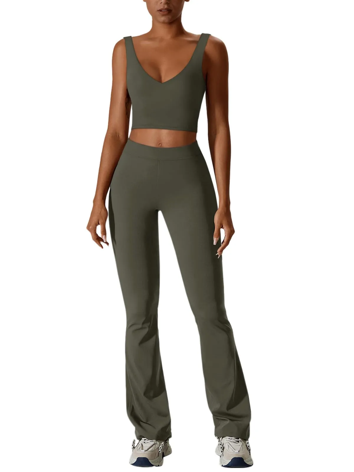 REORIA Womens 2 Piece Workout Sets Athleisure Brethable V Neck Tank Tops Stretchy Flare Pants Matching Sets sold by ReoRia