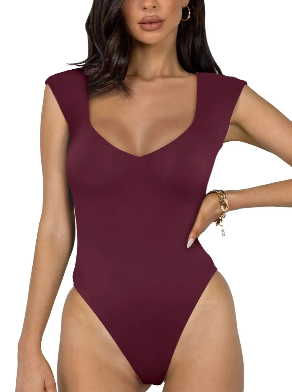Casual V Neck Slimming Tank Top Bodysuits sold by ReoRia