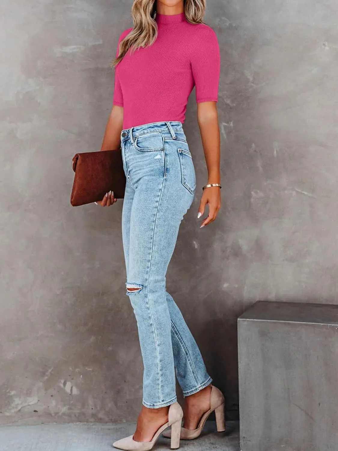 REORIA Women's Basic Mock Neck Half Sleeve Slim-Fit Leotards Tops Dressy Casual Ribbed Knit Bodysuit Shirts sold by ReoRia product image thumbnail 4