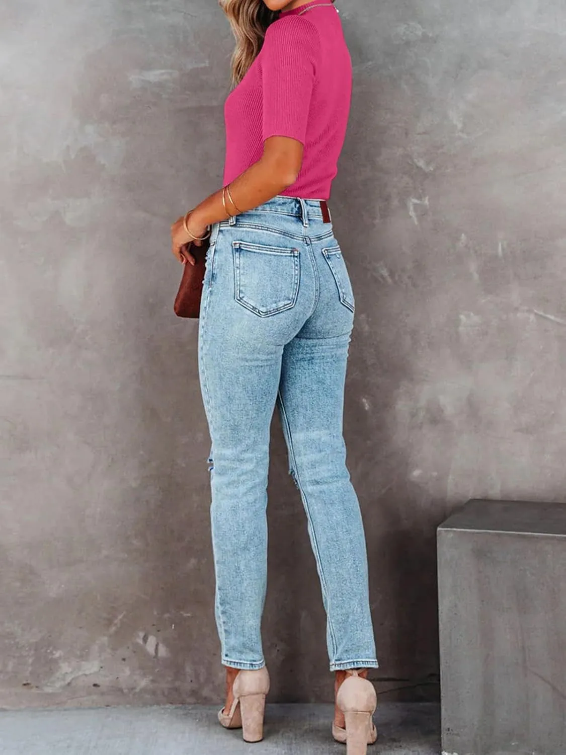 REORIA Women's Basic Mock Neck Half Sleeve Slim-Fit Leotards Tops Dressy Casual Ribbed Knit Bodysuit Shirts sold by ReoRia product image thumbnail 5