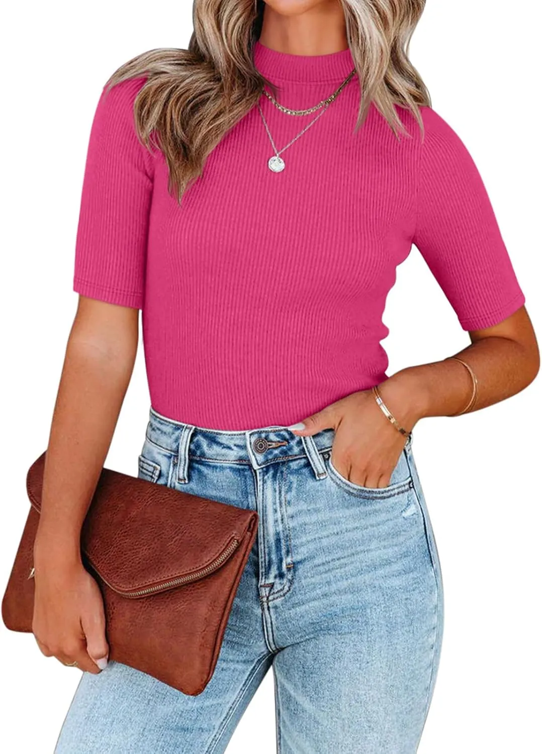 REORIA Women's Basic Mock Neck Half Sleeve Slim-Fit Leotards Tops Dressy Casual Ribbed Knit Bodysuit Shirts sold by ReoRia product image thumbnail 3