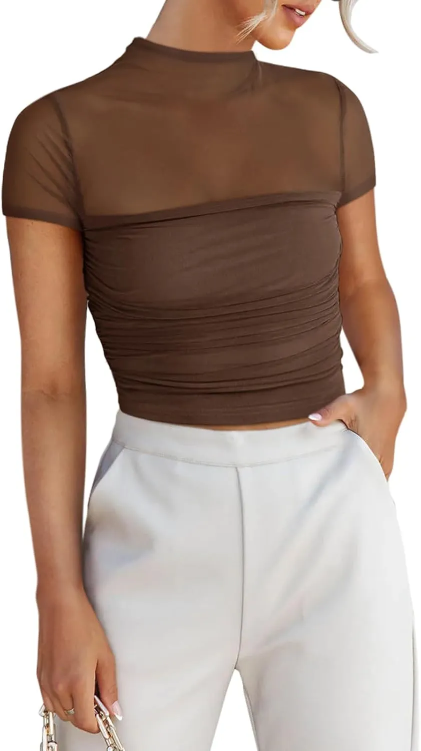 REORIA Women’s Sexy Sheer Mesh Ruched Mock Turtleneck Short Sleeve Going Out Shirts Crop Tops sold by ReoRia product image thumbnail 3